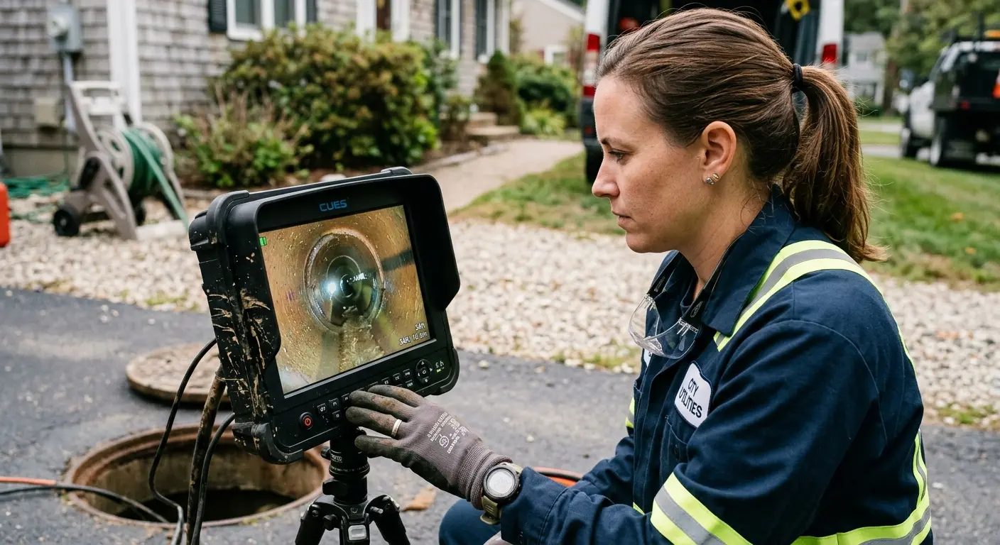 Technician reviewing sewer camera inspection footage in Beaufort